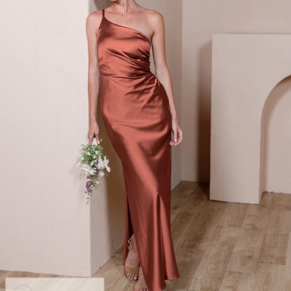 Revelry Brown Satin One Shoulder Bridesmaid Dress